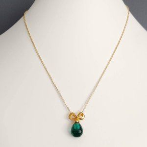 Bow pendant w/green glass crystal drop necklace